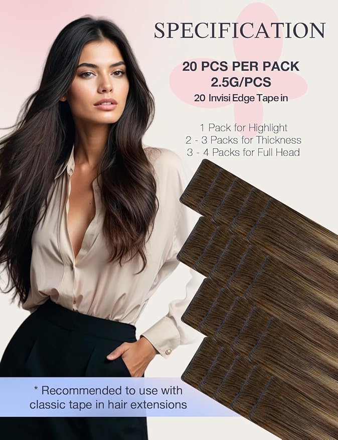 DOORES Invisi Edge Tape in Hair Extensions Human Hair, Chocolate Brown to Caramel Blonde, 10 Injection Tape-ins with 10 Injection Tape-ins, 50g, 14 Inch