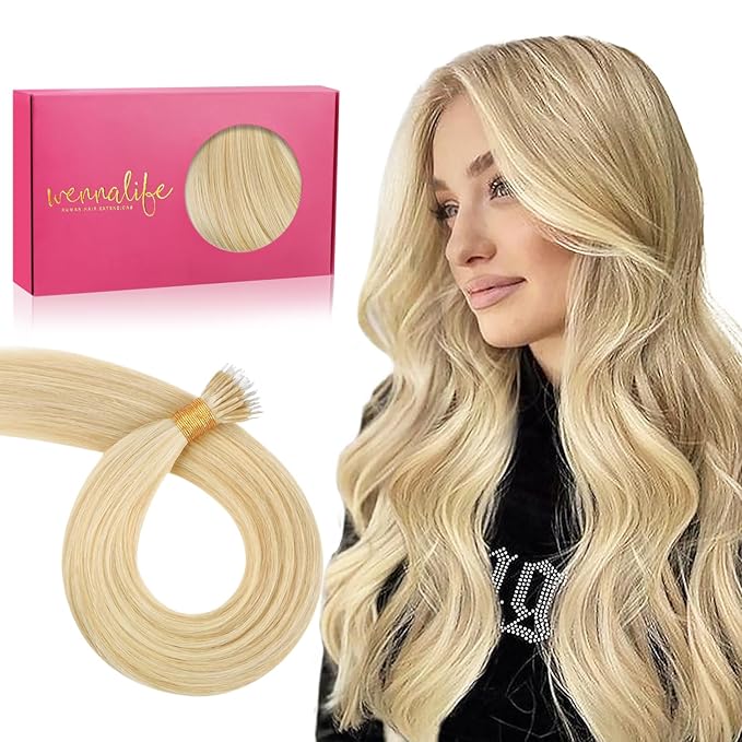 WENNALIFE Nano Bead Hair Extensions Human Hair, 50g 100s 14 Inch Light Blonde Highlighted Golden BlondeReal Human Hair Extensions for Women Invisible Nano Ring Hair Extensions Remy Hair Extensiones