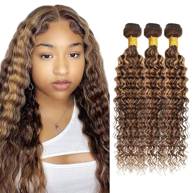 Highlight Bundles P427 Human Hair Bundles Dark Brown Bundle 18 20 22 inch Ombre Brown Deep Wave Bundle 150g