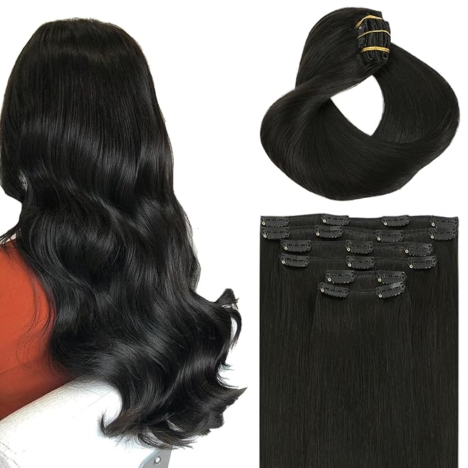Clip in Hair Extensions Real Human Hair, 18 Inch 120g, #1B Natural Black,Remy Human 6Pcs With 18 Clips Hair Extensions Clip ins for Women, Natural Human Hair(#1B,18'')
