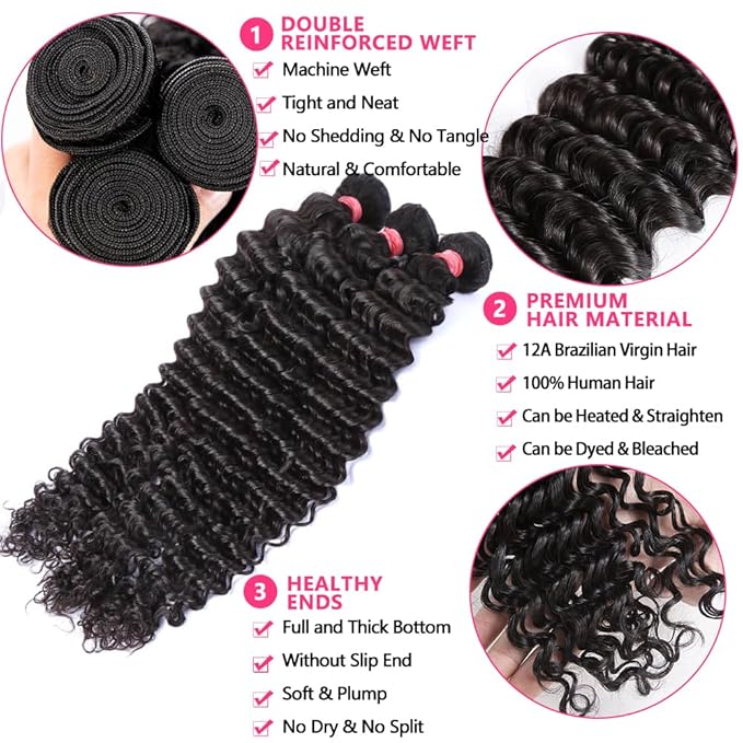 12A Deep Wave Human Hair Bundles 28 30 32 Inch Brazilian Curly 3 Bundles Human Hair 100% Unprocessed Virgin Wet and Wavy Hair Weave 1B Black