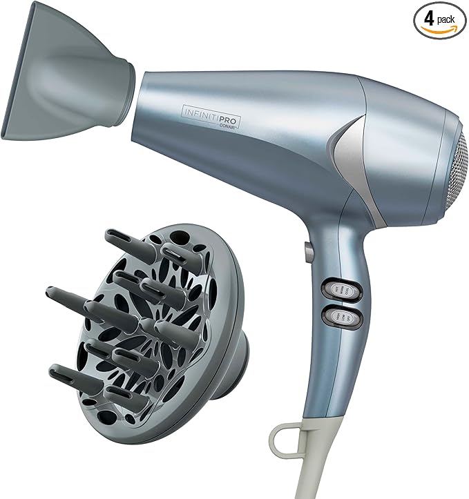 INFINITIPRO by CONAIR Hair Dryer with Diffuser, Quick Style & Shine Blow Dryer, Frizz-Free Hair, Blue (Pack of 4)