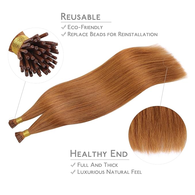 WENNALIFE I Tip Hair Extensions Real Human Hair, 100g 200s 16 Inch Auburn Ginger Remy Itip Human Hair Extensions Invisible Itips Straight I Tips Cold Fusion Extensions