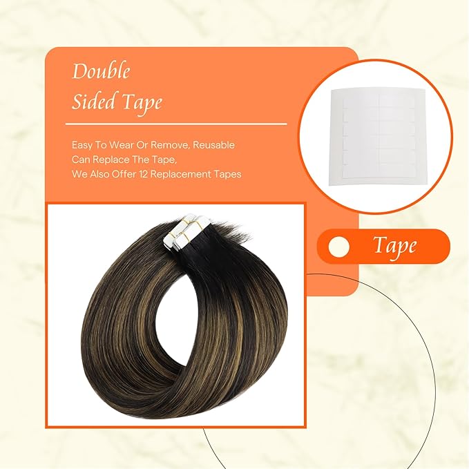 Full Shine Tape in Hair Extensions Human Hair 16 Inch Color 1B Off Black Ombre 6 Brown Highlight 1B Black Balayage 50g Double Sided Seamless Human Hair Extensions Tape in 20PCS for Party