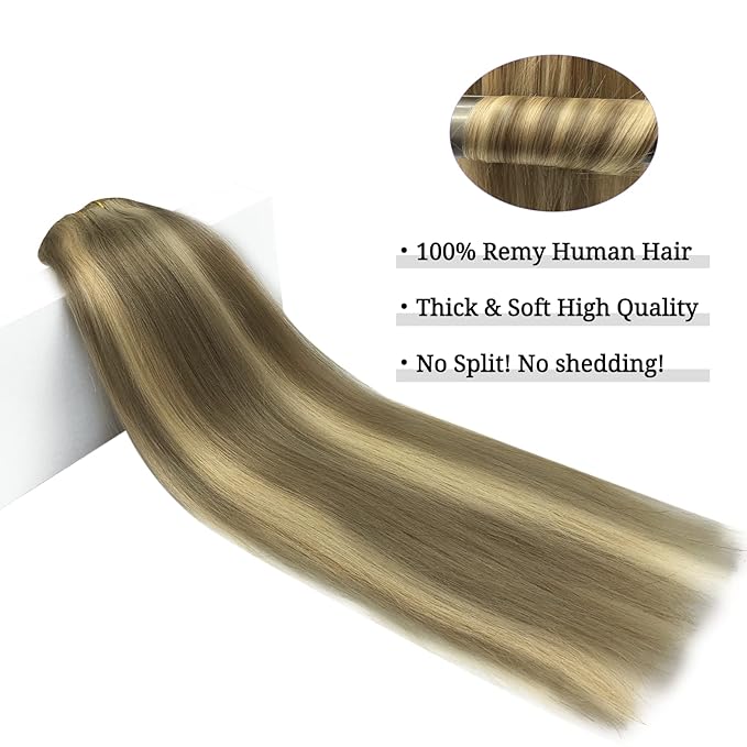 DOORES Hair Extensions Clip in Human Hair Medium Brown Highlighted Golden Blonde 120g 7pcs 18 Inch Remy Clip in Human Hair Extensions Natural Human Hair Extensions