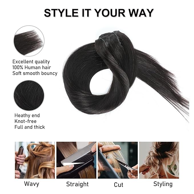 Clip in Hair Extensions Real Human Hair Natural Black 22 inch 7pcs 100g/Pack, Human Hair Clip in Extensions, Salon-Grade Quality, Easy Comfort Wear for Women (#1B, 22 inch)