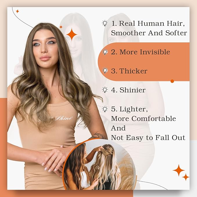 Full Shine Hair Extensions Real Human Hair Color 4P27 Medium Brown And Caramel Blonde Tape in Hair Extensions Cuticles Aligned Remy Seamless Skin Weft Brazilian Straight 20Inch 100G 40Pcs