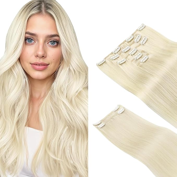 HOTBANANA Clip in Hair Extensions Real Human Hair, 150g 9pcs 20 inch Ivory Blonde Straight Remy Clip in Extensions Full Head for Women