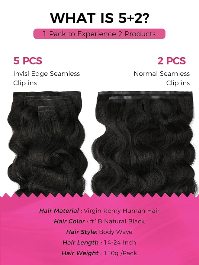 Lashey Invisi Edge & Seamless Clip in Hair Extensions Human Hair, 18 Inch 110g 7pcs(5pcs Invisi Edge& 2pcs Seamless) Real Virgin Human Hair Extensions, Natural Black Body Wave Hair