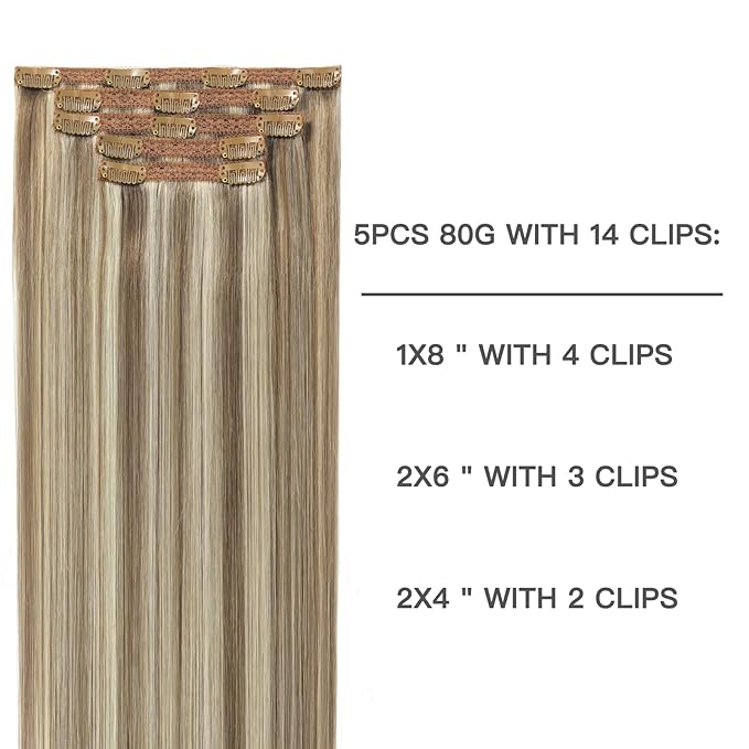 Clip in Human Hair Extensions 5 Pcs Remy Highlights Hair Extensions Clip ins Ash Brown Highlights Platinum Blonde Real Hair Extensions 12 Inch 80g Clip on Hair Extensions