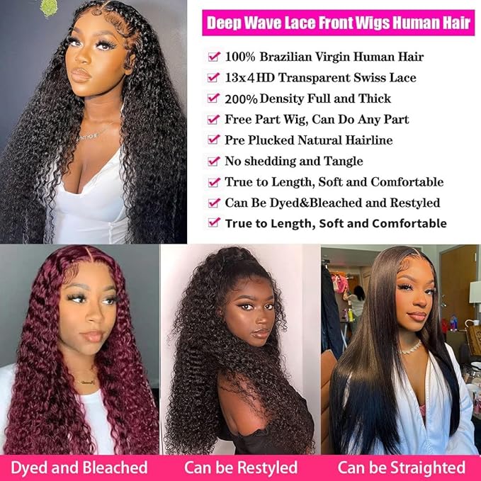 30 Inch Deep Wave Lace Front Wigs Human Hair 200 Density 13x4 Lace Frontal Wigs Human Hair Pre Plucked Deep Curly Wigs Human Hair for Women Nature Black