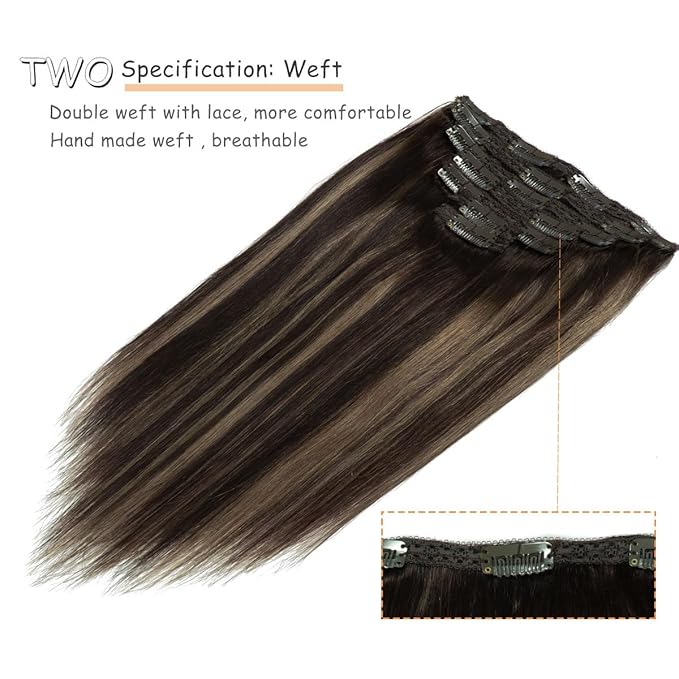Caliee Hair Extensions Clip in Human Hair Ombre Dark Brown #2 to Dark Brown #2 and Chestnut Brown #6 with Lace Straight Real Human hair, 120g, 7Pcs 14 inch