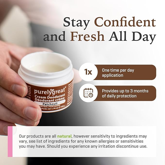 Purelygreat - Patchouli Scented Cream Deodorant, Chemical-Free Hygiene Essentials for Women, Natural Deodorant for Men with Soda & Corn Starch, No Sticky Residue, Parabens & BPA, 1.76 oz / 50 g