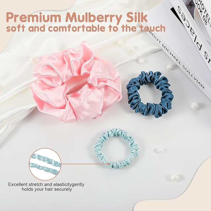 Silk Hair Scrunchies - 100% Mulberry Silk hair ties Elastic Satin Ponytail Holders No Damage Thick/Thin Hair Accessories for Women and Girls（Big/midlle/SMALL）