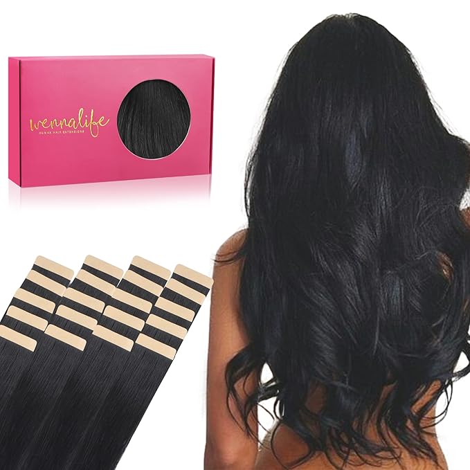 WENNALIFE Tape in Hair Extensions Human Hair, 20pcs 50g 18 inch Jet Black Remy Hair Extensions Straight Human Hair Tape in Extensions Skin Weft Tape Extensions Human Hair