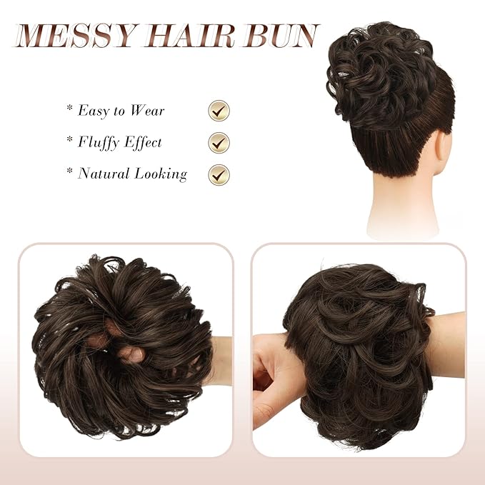 FESHFEN Messy Bun Hair Piece - Elastic Wavy Curly Hair Bun Scrunchies Extensions Synthetic Chignon Hairpieces for Women Girls, Dark Brown & Light Auburn Mixed 1.5 oz
