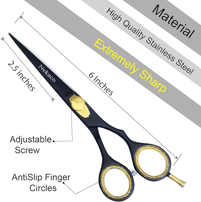 Professional 6-Inch Black Hair Scissors, Premium Quality Stainless Steel Hair Cutting Shears, Hair Shears with Adjustable Screw for Barber Salon & Home