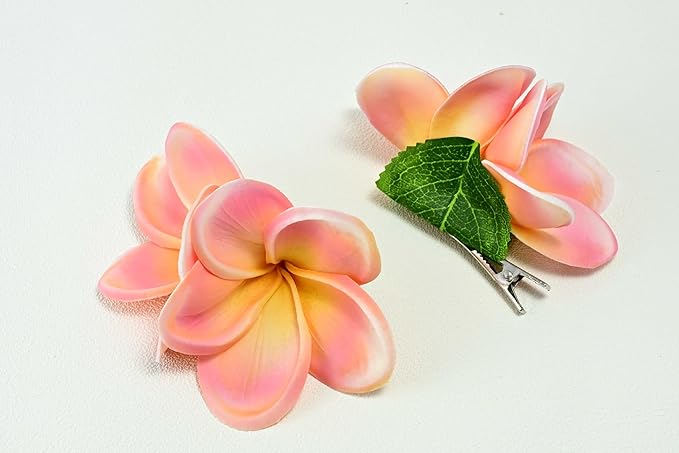 Pack of 2 Real Touch Flowers Hawaiian Flower Hair Clips Plumeria Hibiscus Hair Clips Handmade Hair Accessories for Beach Wedding Bridal Party Mother's Day Women Girls Holiday Gifts(c-824, 2pcs)