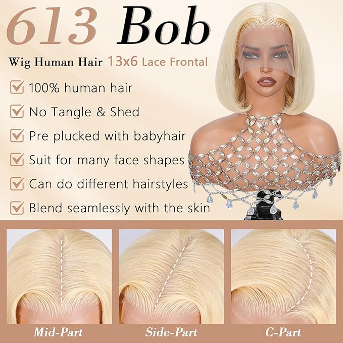 16 Inch Blonde Bob Wig Human Hair 180 Density HD Lace Front Wigs Pre Plucked With Baby Hair 613 Bob Wig Human Hair 13x6 Lace Frontal For Women Blonde Wig Suits For Daily Life And Parties