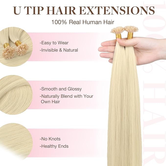 GOO GOO U Tip Hair Extensions, Real Human Hair, 16inch 50g 50S, Hot Fusion, Invisible Remy, 60A Platinum Blonde