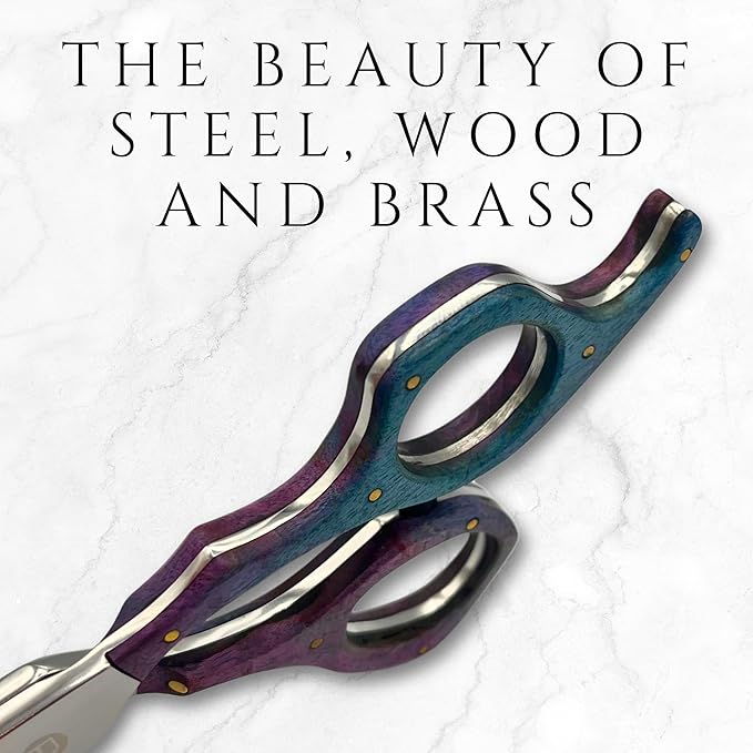 Saki Shears 6" Professional Hair Shears With Wood Accent - Sword Style, Convex Blade, Tension Adjustment, 440C Steel (Blue)