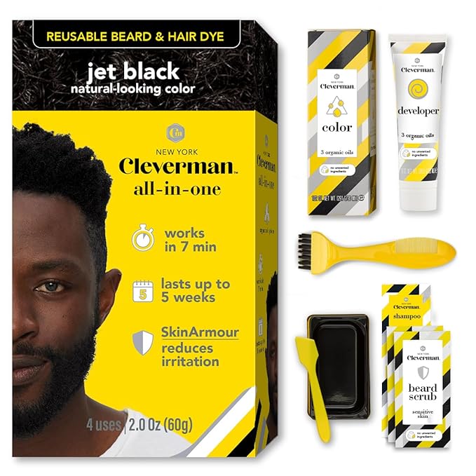 Cleverman Hair & Beard Dye Kit for Men, All-in-One Reusable Mens Hair Color, Natural Gray Coverage, Ammonia-Free Beard Mustache Dye for Men (Jet Black for Black Men, 2 Ounce (Pack of 1))