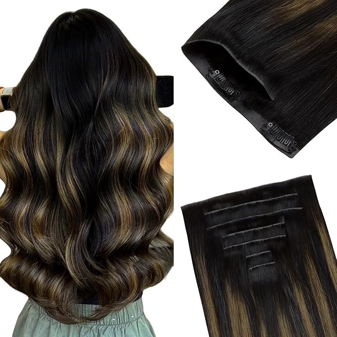 GOO GOO Invisi Edge Clip in Hair Extensions 18inch 140g 7Pcs Injected Seamless PU Clip in Hair Extensions, Virgin Real Human Hair, 1B/6/1B Balayage Natural Black to Chestnut Brown