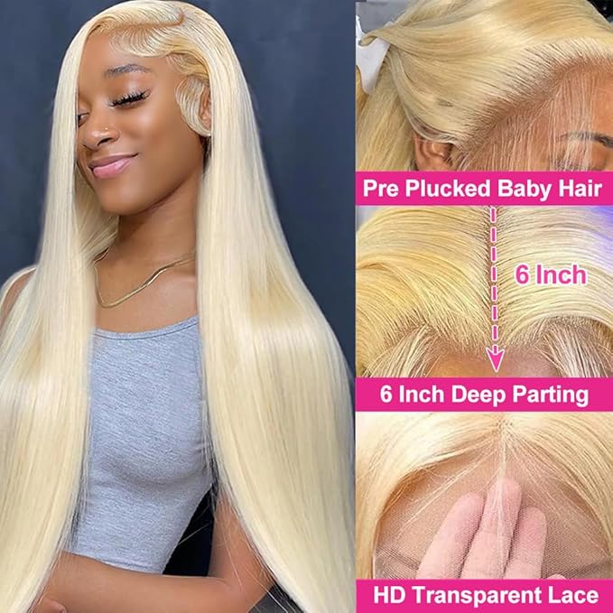 30 Inch 613 Lace Front Wig Human Hair 250% Density 13x6 Blonde Wig Human Hair Pre Plucked Straight Blonde Wig For Women 613 HD Lace Frontal Wig Natural Hairline