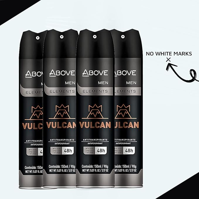 ABOVE Vulcan 48 Hours Antiperspirant Deodorant - Dry Spray for Men - Notes of Sage, Pink Pepper and Basil - Protects Against Sweat and Body Odor - Stain and Cruelty Free - 4 pc