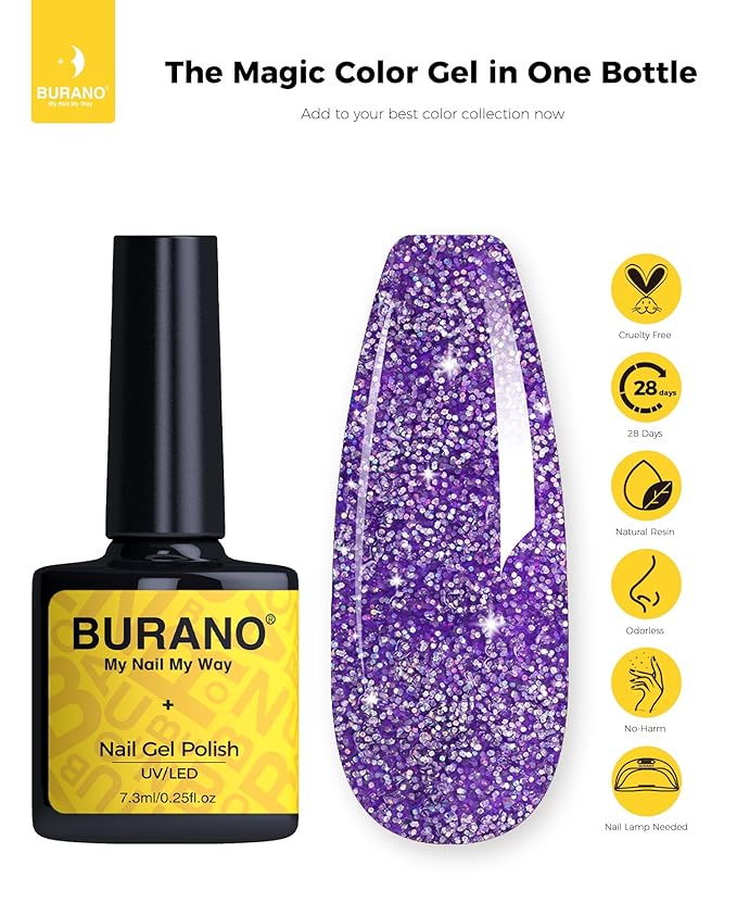 BURANO Glitter Gel Nail Polish - LED UV Curing Holographic Effect Sparkle Gel - Purple LP26