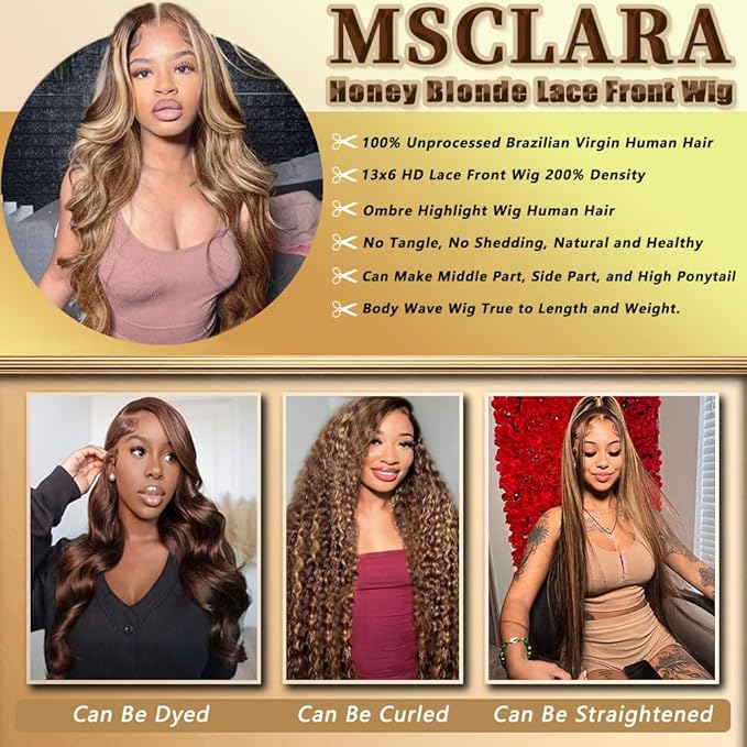 34 Inch Ombre Highlight Wig 220 Density 13x6 HD Lace Front Wigs Human Hair Body Wave Wig Honey Blonde Lace Front Wig Pre Plucked P4/27 Colored for Women Human Hair Wig