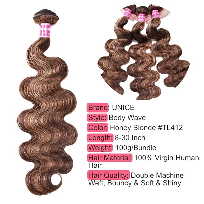 UNICE Body Wave Honey Blonde Highlight Human Hair Weave 3 Bundles Ombre 100% Brazilian Human Hair Weaves for Sew in Extensions TL412 Color 8 10 12 inch