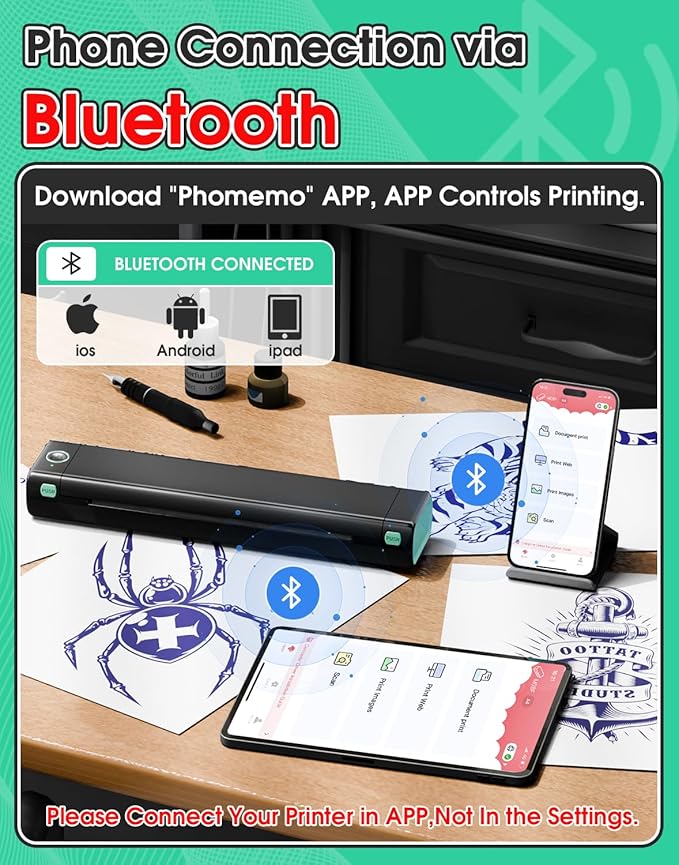 Phomemo Tattoo Stencil Printer, M08F Wireless Thermal Tattoo Printer with 10pcs Transfer Paper, Compatible with Phone/Tablet/PC, Tattoo Supplies for Tattoo Artist & Beginner, Black & Green