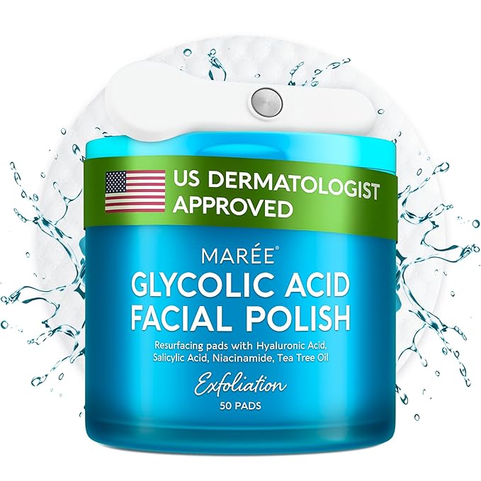 MAREE Glycolic Acid Pads - Toner Pads for Face Cleansing - Exfoliating Pad with Tea Tree Oil, Salicylic Acid & Vitamins E, B3, B5 - Acne Clearing, Skin Pore Resurfacing & Radiance Device - 50 Count