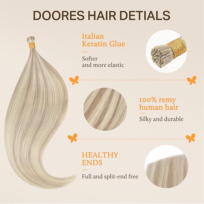 DOORES I Tip Hair Extensions Human Hair, Honey Blonde Highlight Platinum Blonde 50g/100s 16 Inch, Itip Real Human Extensions Pre Bonded Cold Fusion