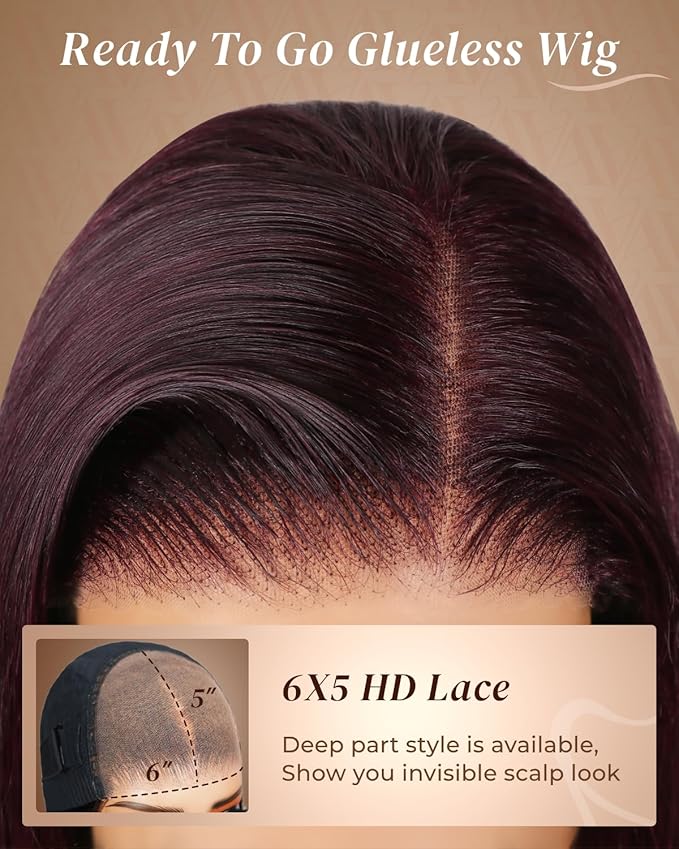 Arabella 6x5 Ready to Go Glueless Wigs Human Hair Purplish 99J Burgundy Lace Front Wigs Real 230% Density Human Hair Pre Cut Lace Pre Plucked Bleached Knots Wig Human hair (18inch, 6x5 Straight Wig)