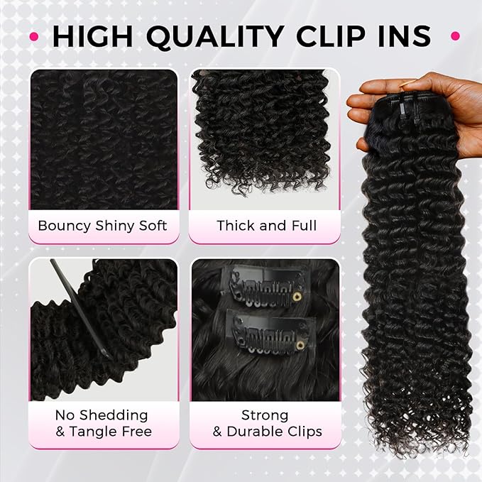 Lashey Invisi Edge Seamless Clip in Hair Extensions Human Hair 110g 7pcs Natural Black Kinky Curly Injected Virgin Human Hair Clip in Extensions 16 Inch