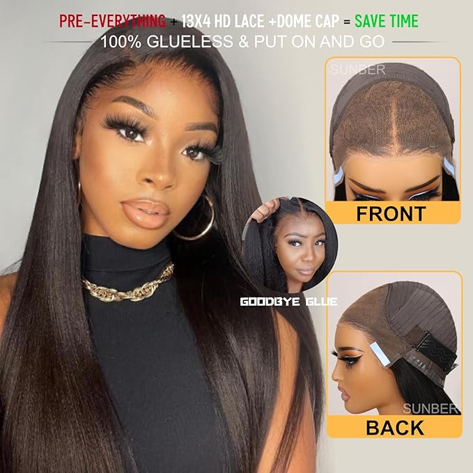 Sunber Yaki Straight Human Hair Pre Everything 13x4 Lace Frontal Glueless Wig Pre Cut Lace Pre Bleached Invisible Knots 180% Density Put on Go Bye Bye Knots No Glue 16Inch Yaki Straight Human Hair Wig