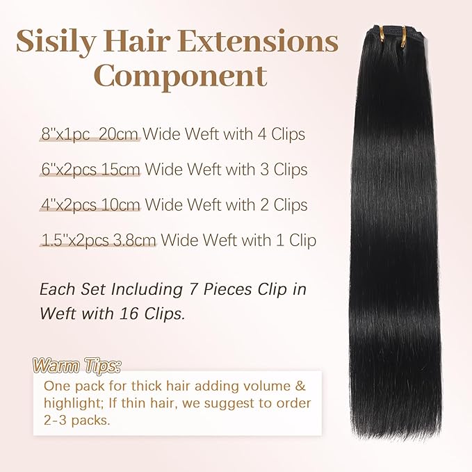 Sisily Clip in Hair Extensions Real Human Hair, 24 Inch Premium Human Hair Clip in Extensions Natural Black, Soft Straight Hair Extensions Real Human Hair Clip ins 7PCS Double Weft（24 Inch #1B）