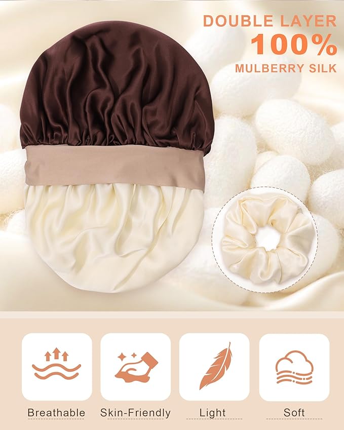 Mulberry Silk Bonnet Sleeping Women Curly Hair Bonnets Tie Band Double Layer Reversible Sleep Bonnet Silk Hair Wrap Sleep Cap