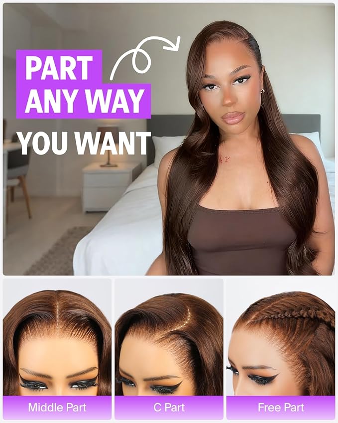 13x6 Chocolate Brown Lace Front Wig 220% Density Body Wave Lace Front Wigs Human Hair Pre Plucked Ear-to Ear HD Frontal Brown Drawstring Wig Human Hair 4# 20 Inch