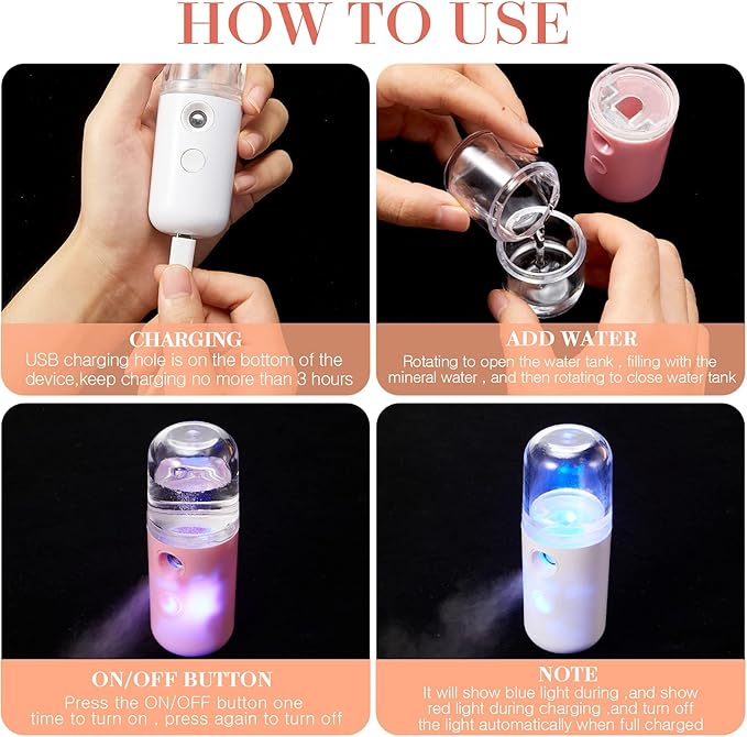 Honoson 2 Nano Facial Mister Sprayer Portable Face Nano Mister for Eyelash Extensions USB Rechargeable 1 oz Handy Skin Care Machine for Face Hydrating, Daily Makeup(Light Pink and Blue)