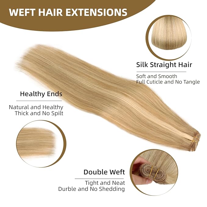 Sew in Hair Extensions Real Human Hair, 110g 24 inch Ash Blonde Highlighted 613 Bleach Blonde Human Hair Weave Extensions Remy Straight Bundles Double Weft