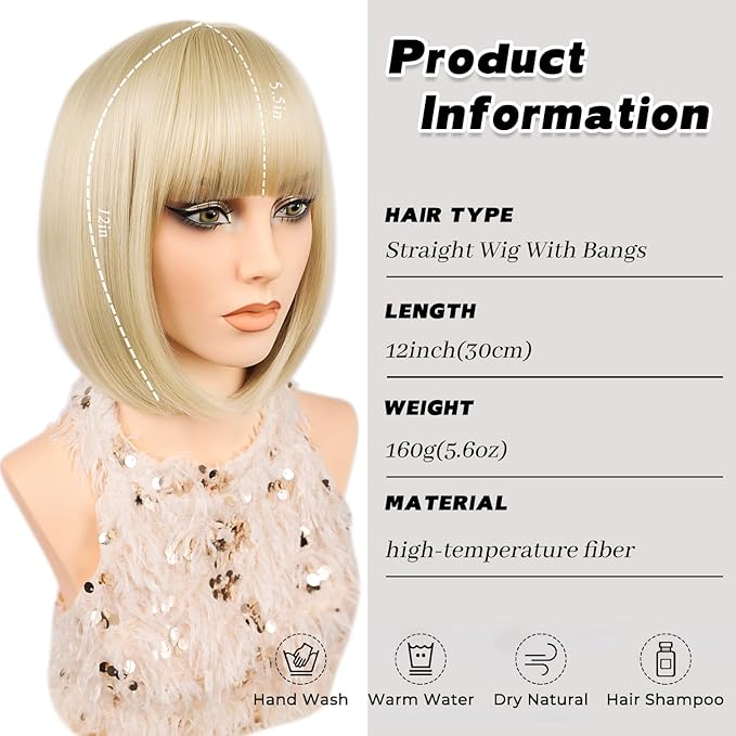 MAYSA Blonde Bob Wig with Bangs for Women Short Straight Beige Bob Wig 12in Synthetic Daily Party Natural Looking Wigs # Blonde