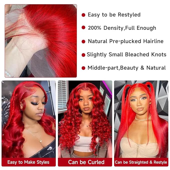 Ice Pear 28 Inch Red Wig Human Hair Pre Plucked Red Lace Front Wigs Human Hair 200% Density 13x6 Colored Wigs for Women Red Body Wave Lace Front Wig