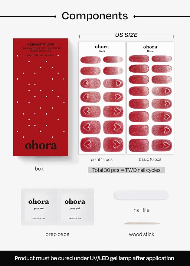 ohora Semi Cured Gel Nail Strips (N Magnetic Love) - Red, Magnet, Works with Any UV/LED Lamps, Salon-Quality, Long Lasting, Easy to Apply & Remove - Includes 2 Prep Pads, Nail File & Wooden Stick