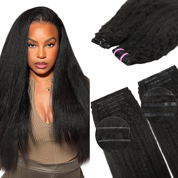 Lashey 5pcs Invisi Edge & 4pcs Seamless Clip in Hair Extensions Human Hair, 18 Inch 130g Real Human Hair Extensions Natural Black Kinky Straight Hair