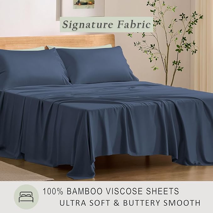 TOSMO Luxury Cooling Sheet Set - 100% Viscose from Bamboo, 4-Piece Bedding Set (Cal King Size) - 18” Extra Deep Pockets, Oeko-Tex Certified, Silky Soft and Breathable, Slate