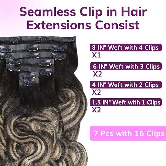 IDN BEAUTY Seamless Clip In Hair Extensions Human Hair, 110g 18 Inch, 1B/19/1B Natural Black to Light Blonde Remy Hair Body Wave Seamless Clip Ins For Black Women PU Weft Invisible Edge 7pcs