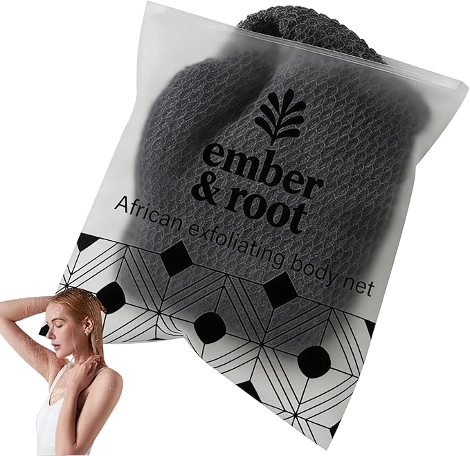 African Exfoliating Body Net Sponge, Ember and Root African Net Sponge, Exfoliating Towel, Gentle Exfoliation, Exfoliating Washcloth Face & Body Scrub Towel for All Skin Types (Grey)